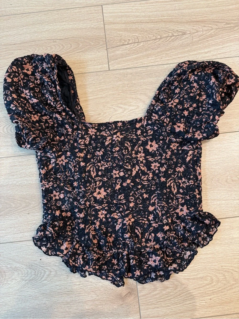Free People Black Puff Sleeve Floral Lace-Trim Blouse oh baby corset medium